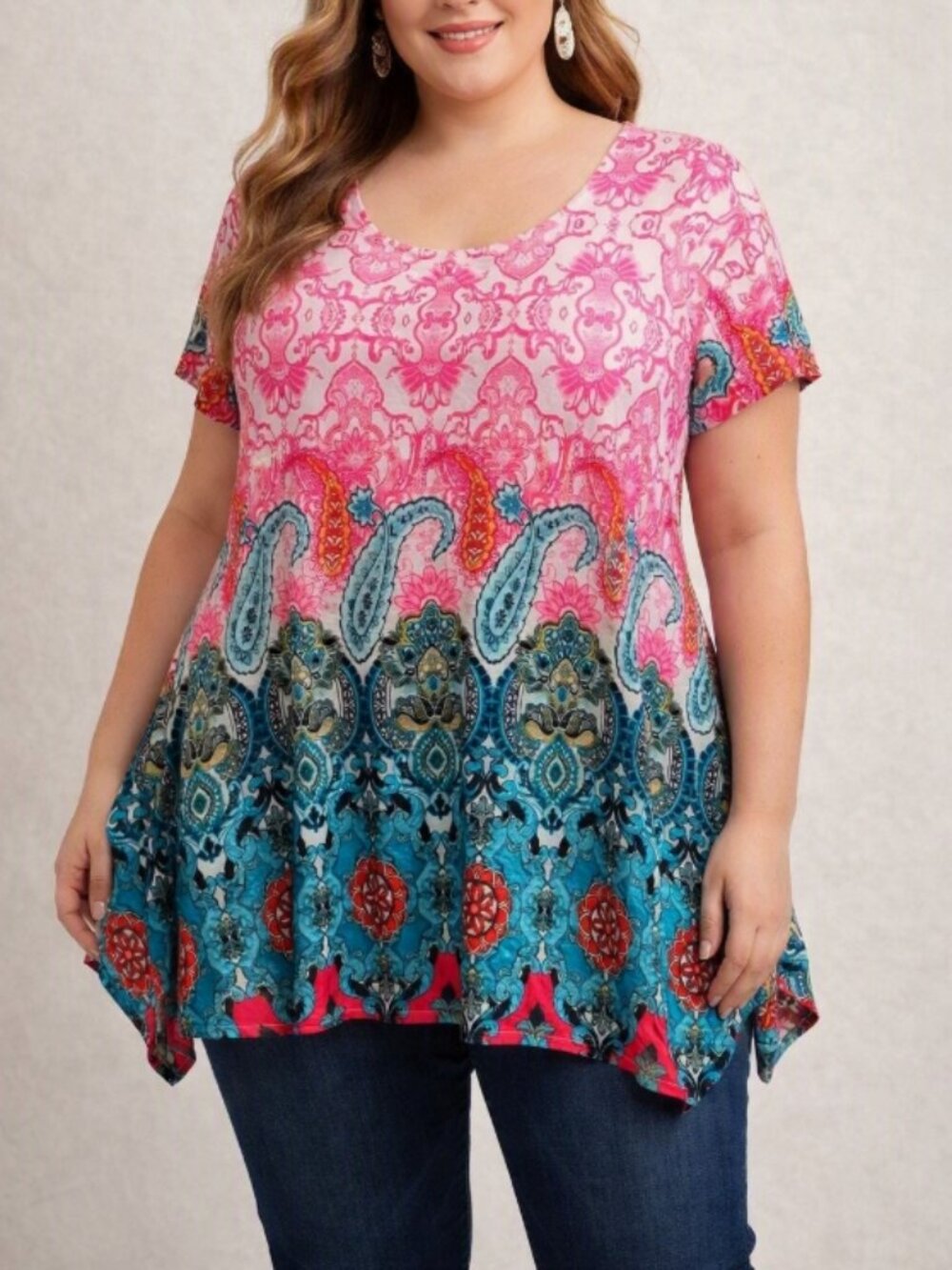 White Mark Pink Blue Paisley Sharkbite Tunic Top 1XL Boho Chic Statement Print